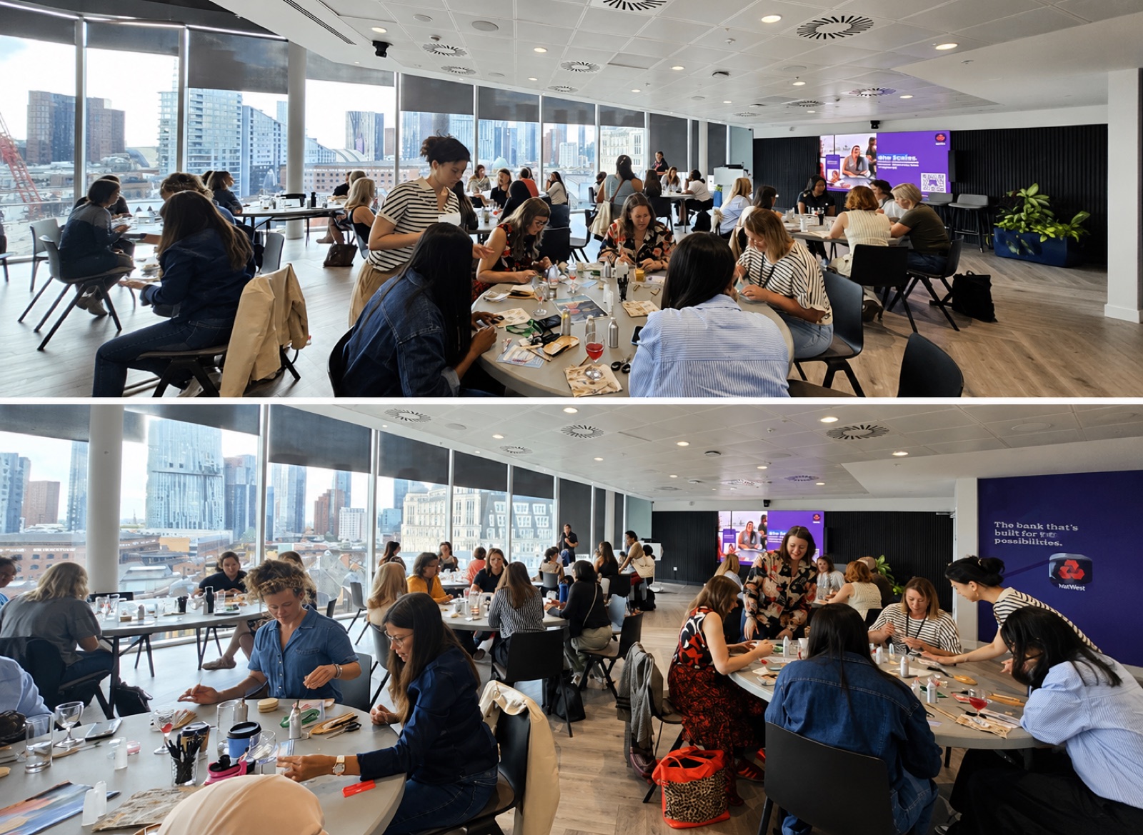 Two views of a corporate workshop in a Manchester office: tables of people making enamel coasters above the city skyline